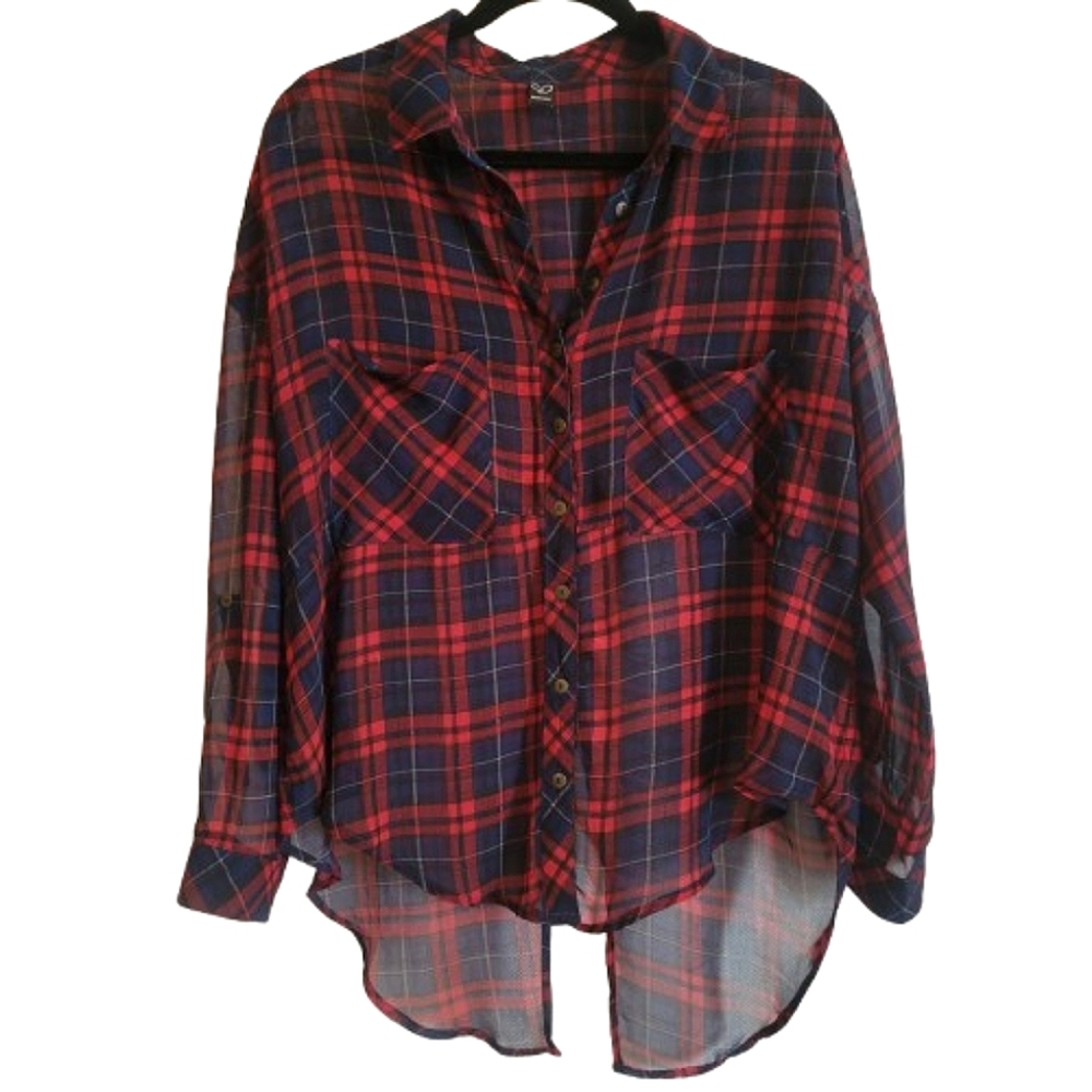 Windsor Sheer plaid Button down Open back Top hi low blouse size Medium